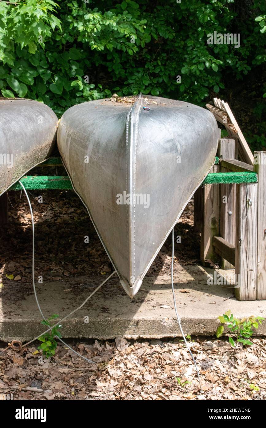Kayaks reposant sur un rack en bois dans la forêt Banque D'Images