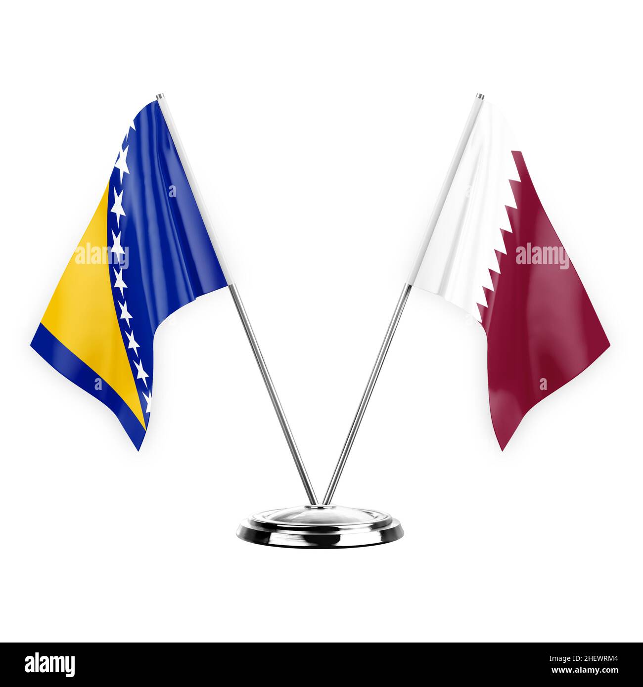 Deux drapeaux de table isolés sur fond blanc 3D illustration, la bosnie et le qatar Banque D'Images