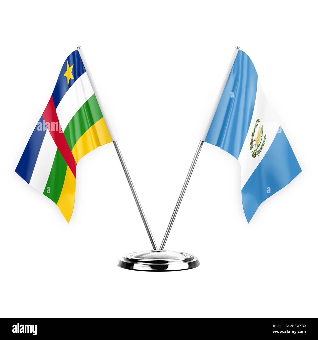 Deux drapeaux de table isolés sur fond blanc 3D illustration, République centrafricaine et guatemala Banque D'Images