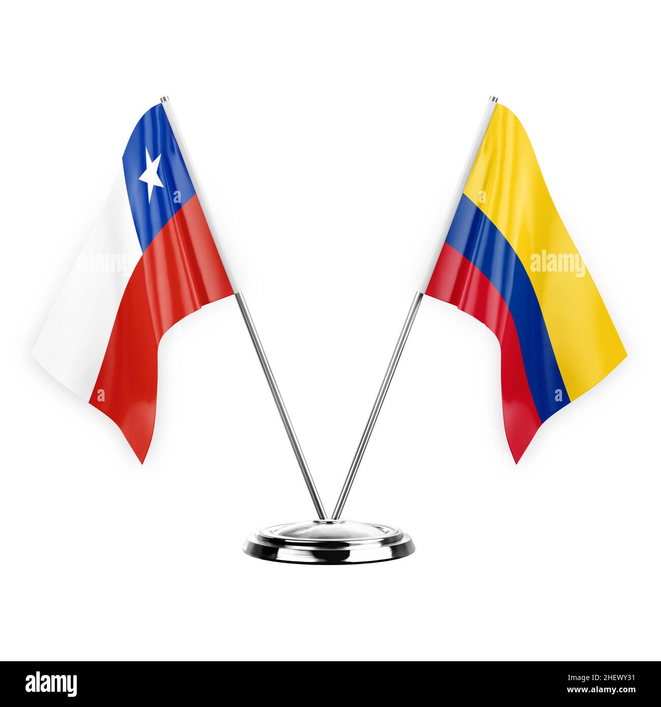 Deux drapeaux de table isolés sur fond blanc 3D illustration, chili et colombie Banque D'Images