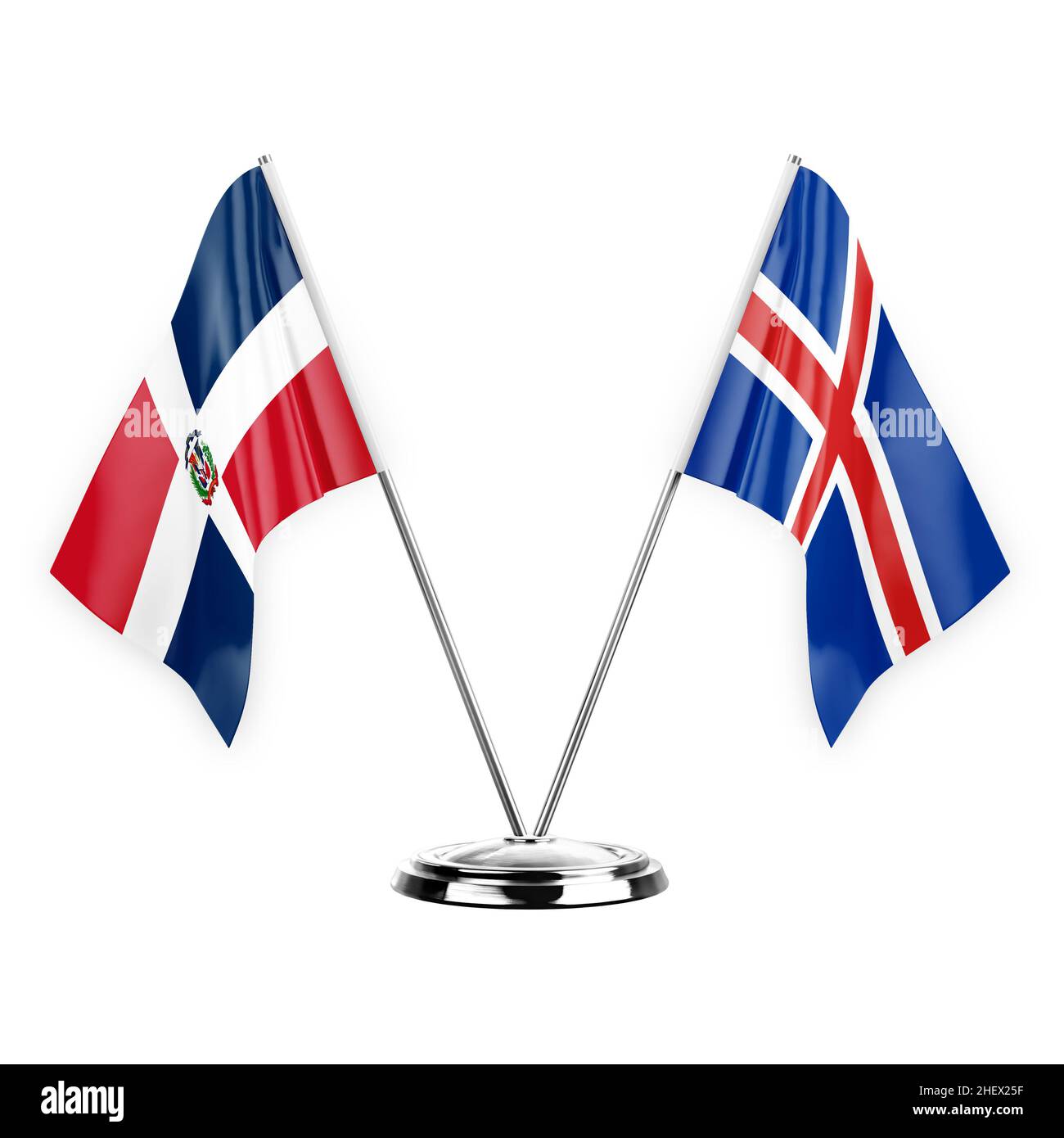 Deux drapeaux de table isolés sur fond blanc 3D illustration, république dominicaine et islande Banque D'Images