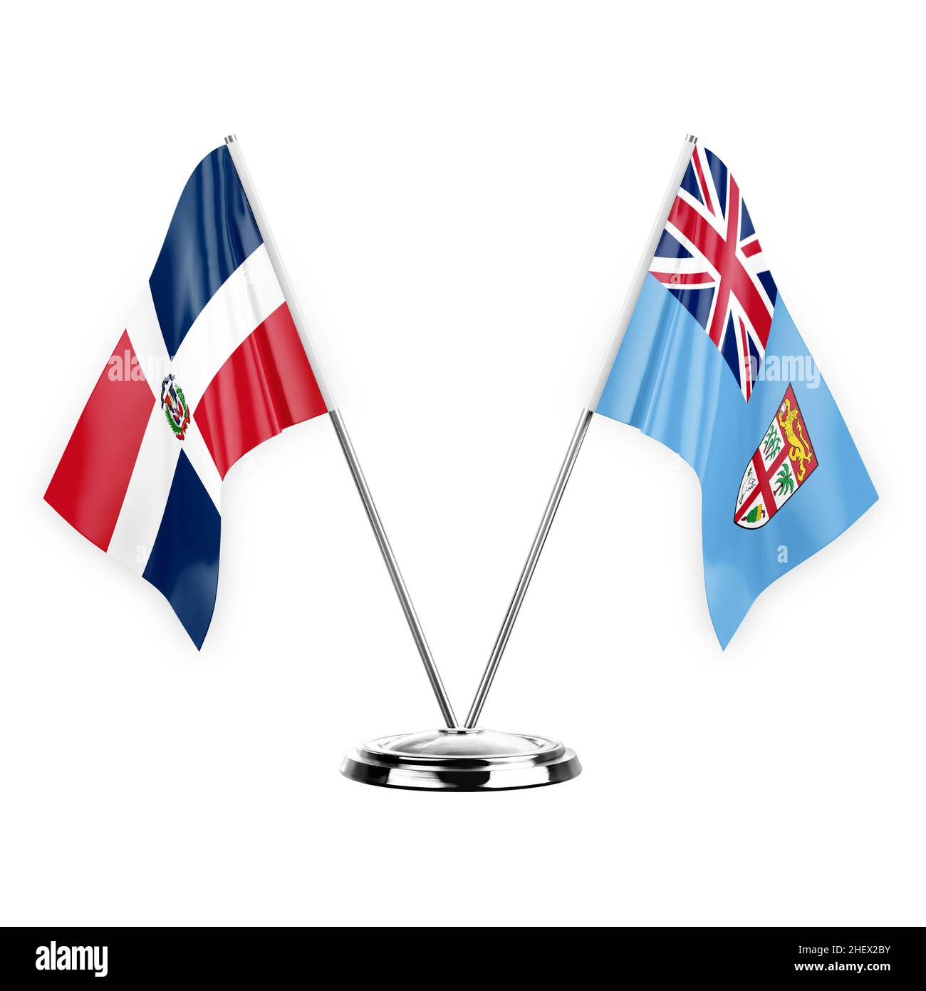 Deux drapeaux de table isolés sur fond blanc 3D illustration, république dominicaine et fidji Banque D'Images
