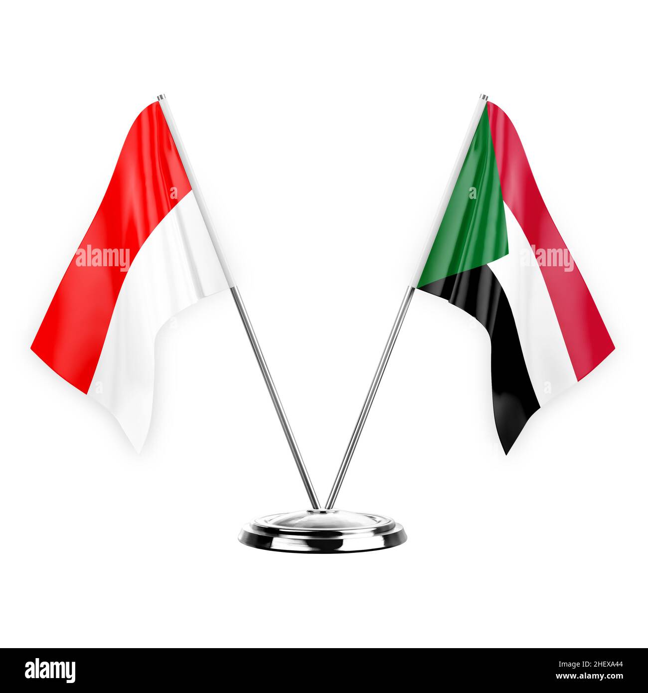 Deux drapeaux de table isolés sur fond blanc 3D illustration, l'indonésie et le soudan Banque D'Images