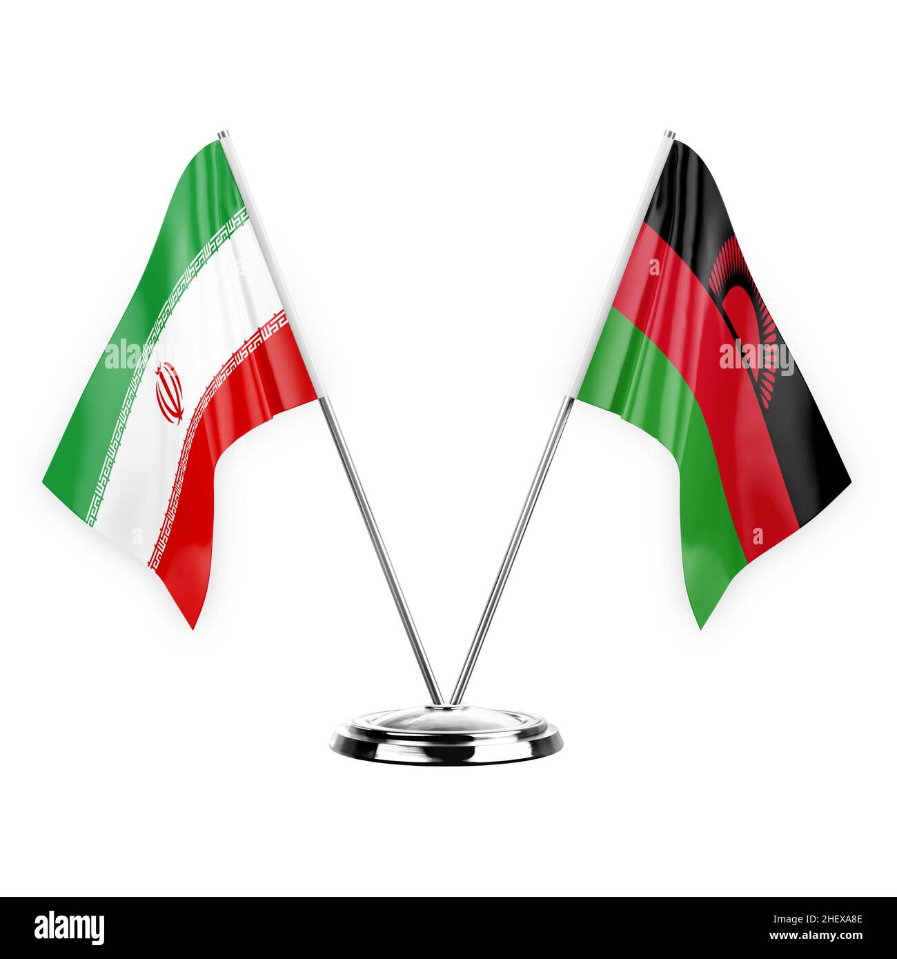 Deux drapeaux de table isolés sur fond blanc 3D illustration, l'iran et le malawi Banque D'Images
