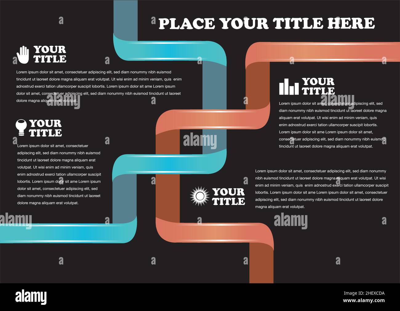 Ruban vert et orange entrelacés sur fond noir avec zone de texte sur les côtés Illustration de Vecteur