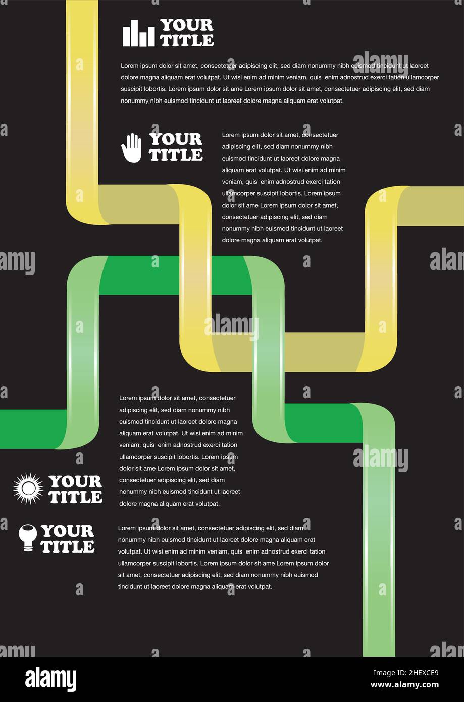 Arrière-plan vectoriel abstrait en noir avec deux rubans tournants vert et jaune.Modèle de mise en page. Illustration de Vecteur