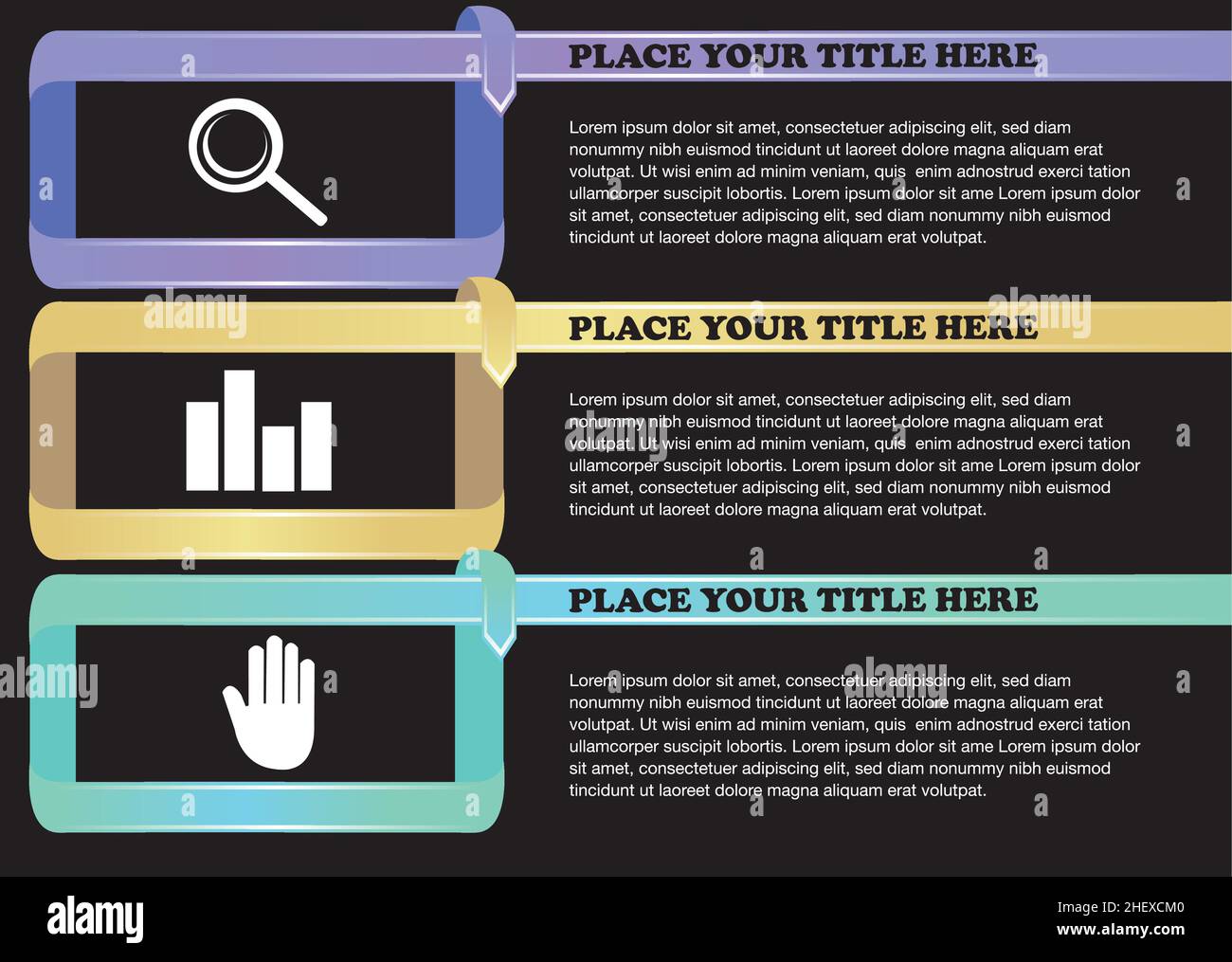 Conception de la mise en page à trois sections pour le graphique d'infographie.Rubans colorés avec icônes blanches et texte sur fond noir. Illustration de Vecteur