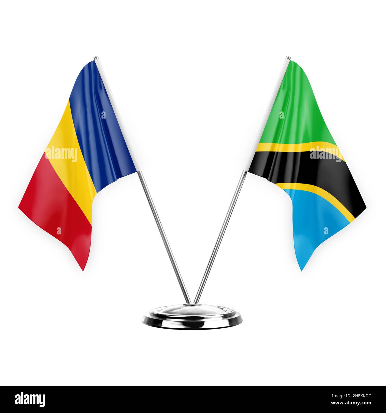 Deux drapeaux de table isolés sur fond blanc 3D illustration, roumanie et tanzanie Banque D'Images