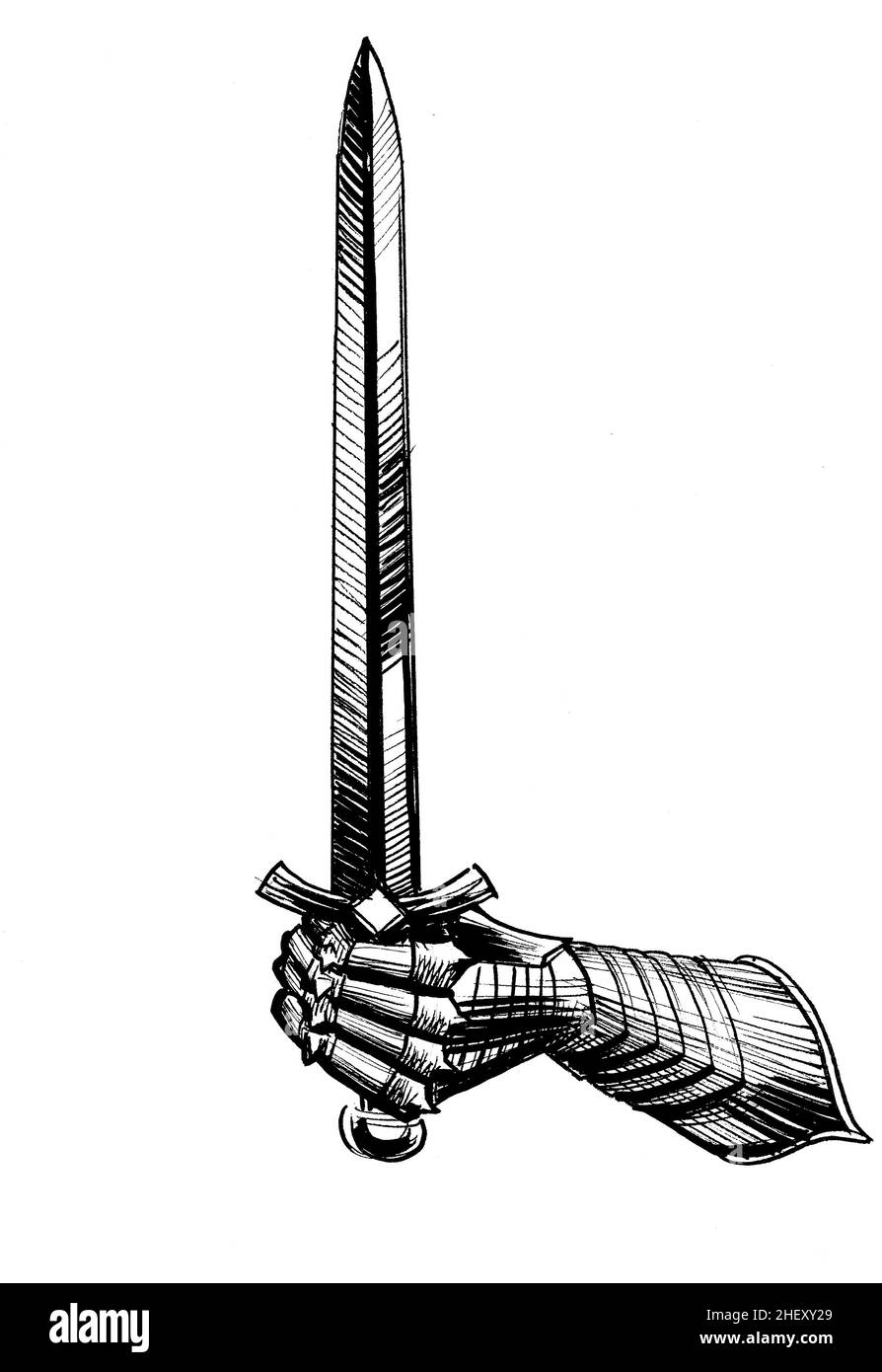 La main du chevalier en armure avec une épée.Dessin noir et blanc Banque D'Images