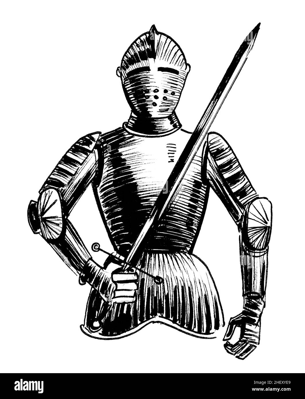 Chevalier médiéval européen avec une épée.Dessin noir et blanc Banque D'Images