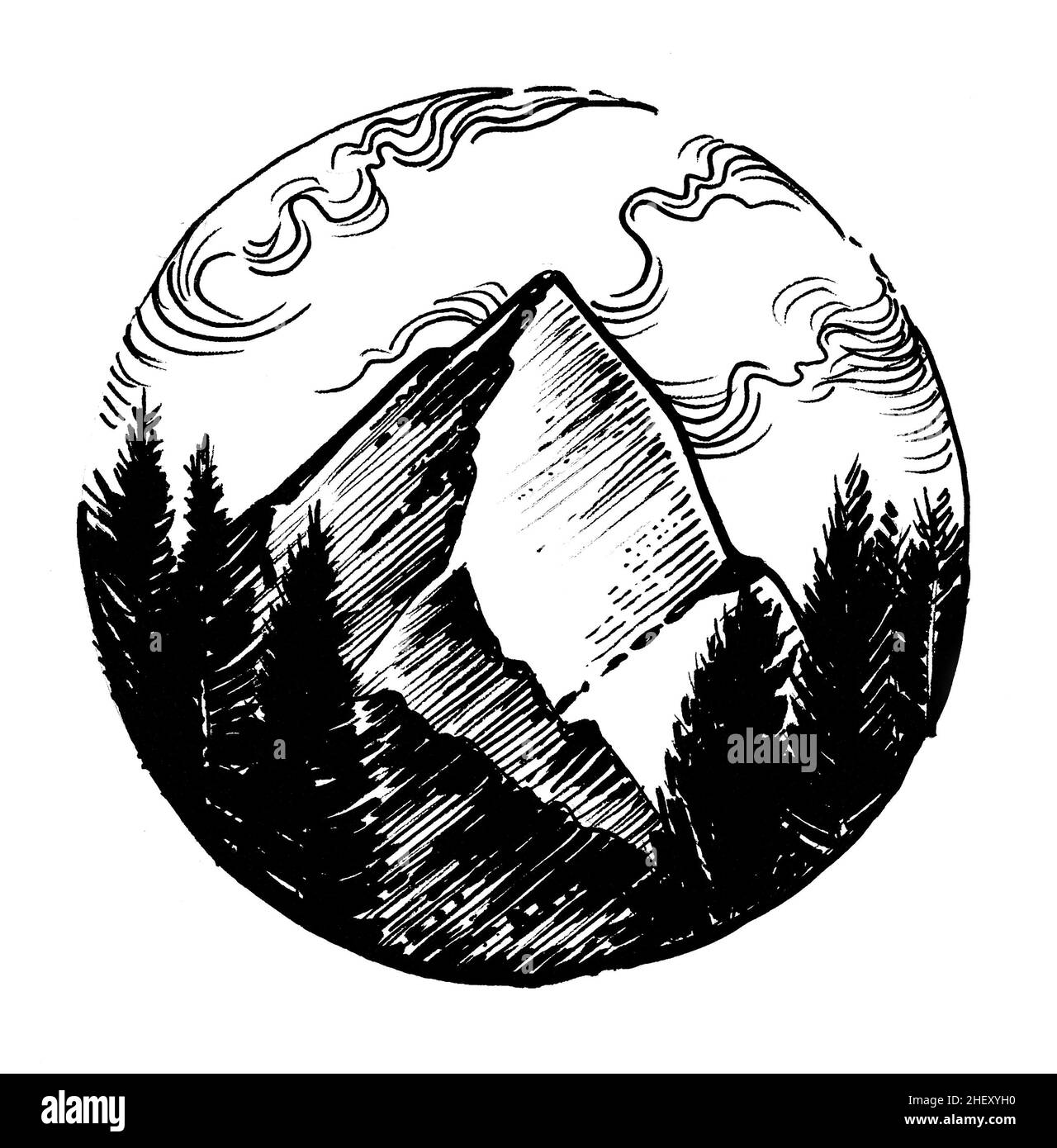 Pic de montagne et bois. Encre noir et blanc dessin Banque D'Images