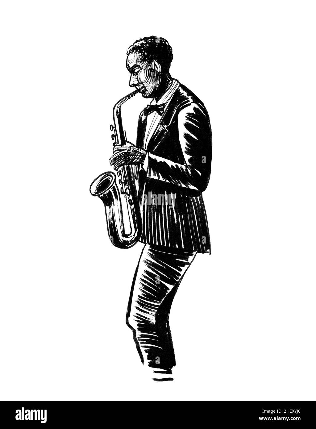 Musicien de jazz jouant du saxophone. Dessin noir et blanc Encre Banque D'Images