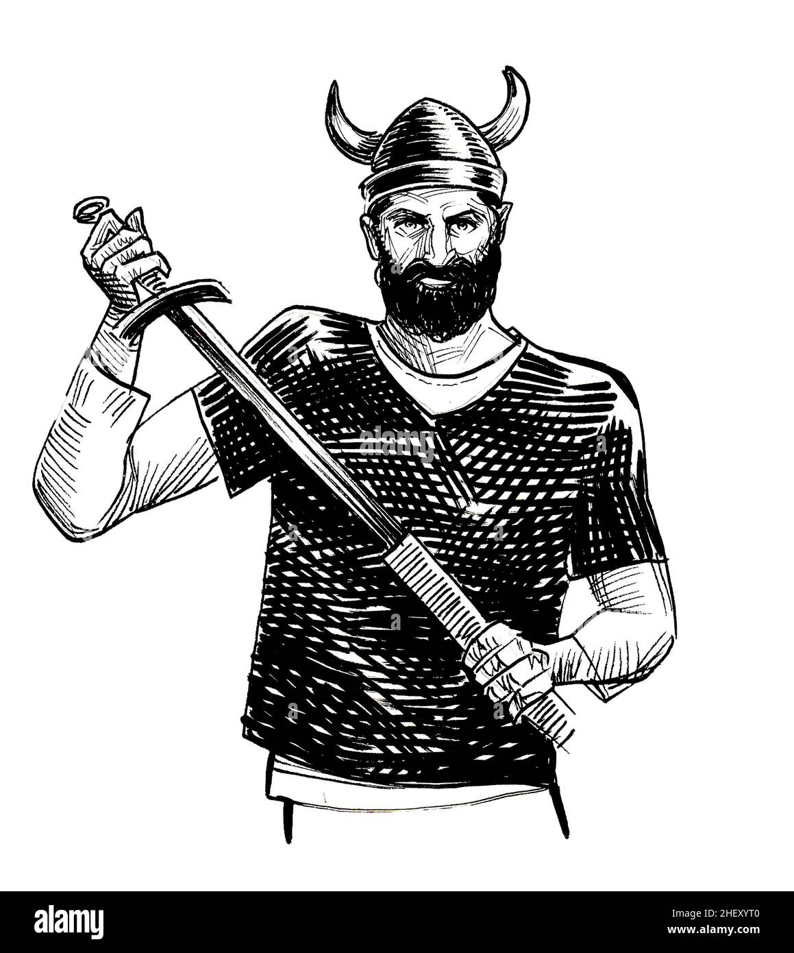 Guerrier viking en casque à cornes avec une épée.Dessin noir et blanc Banque D'Images