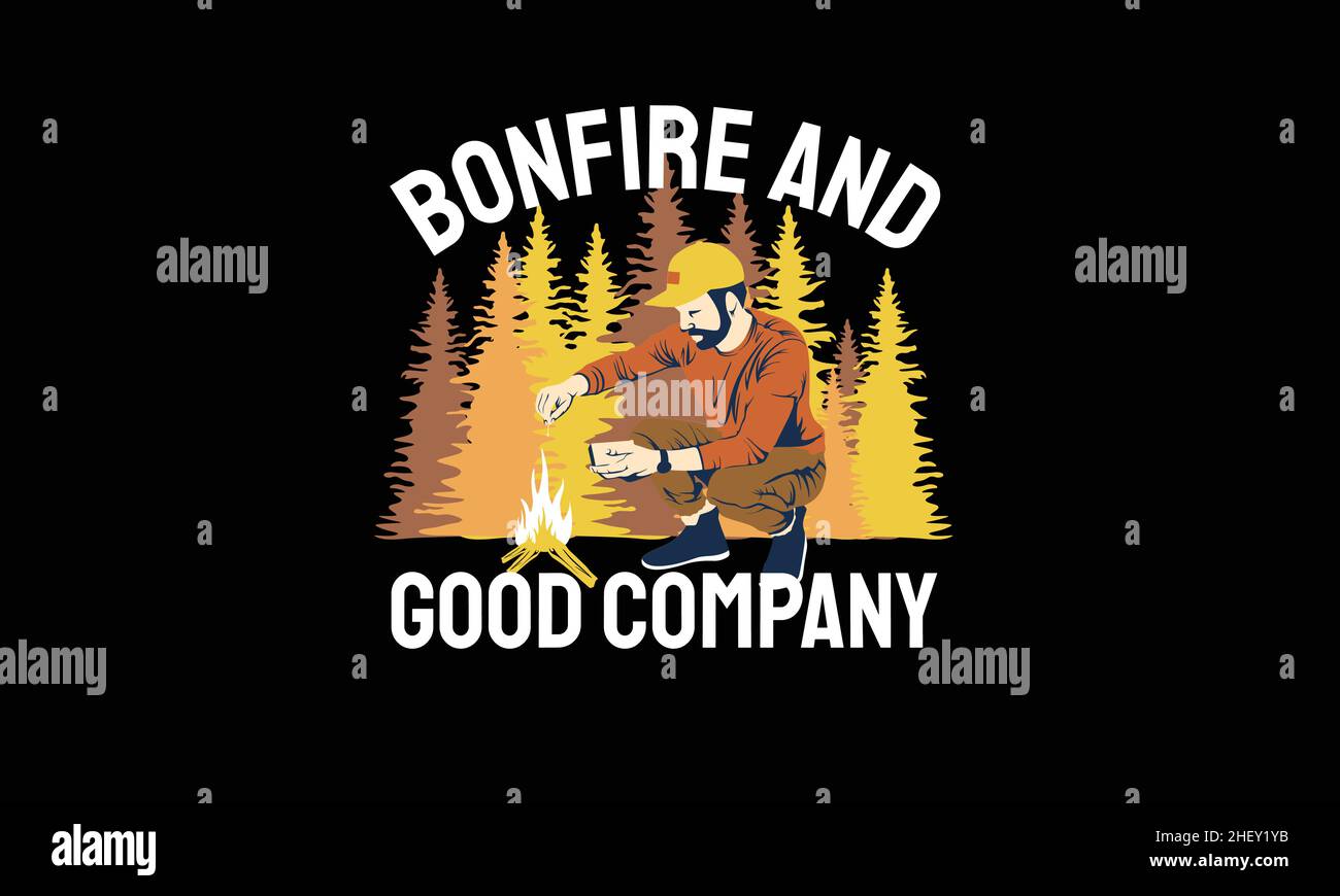 bonfire et bonne compagnie homme avec feu été design t-shirt monogramme texte modèle vectoriel Illustration de Vecteur