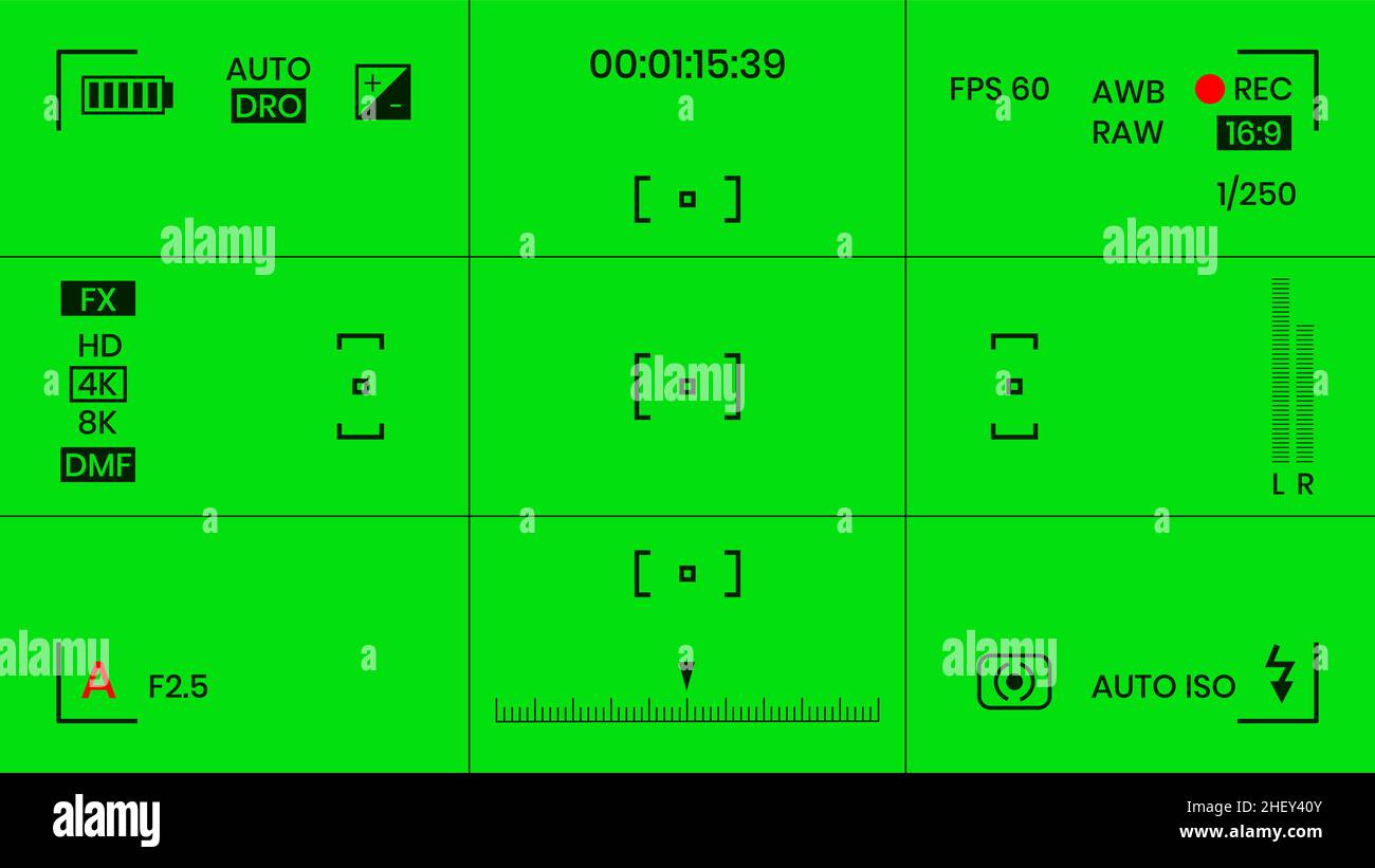 Couleur verte couleur chroma clé caméra REC cadre viseur superposition écran plat design illustration vectorielle. Illustration de Vecteur