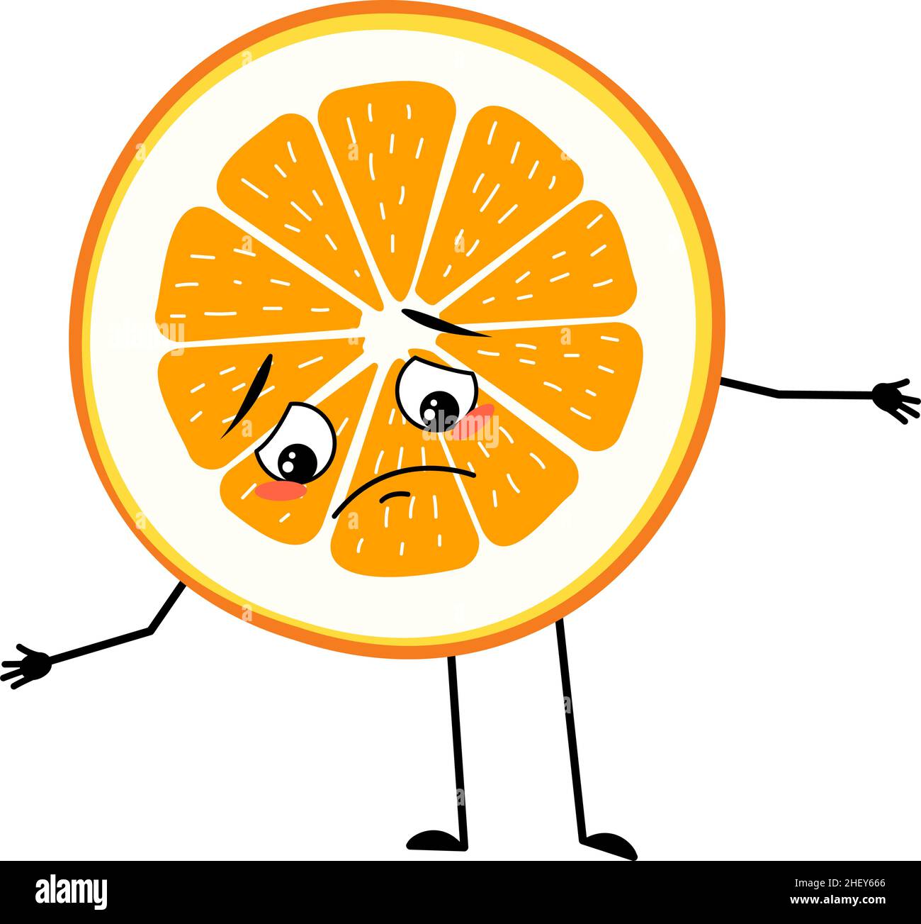 Caractère orange avec une émotion triste, un visage, des yeux, des bras et des jambes dépressifs.Personne de tranche d'agrumes avec expression mélancolique, émoticône de fruit. Illustration de Vecteur