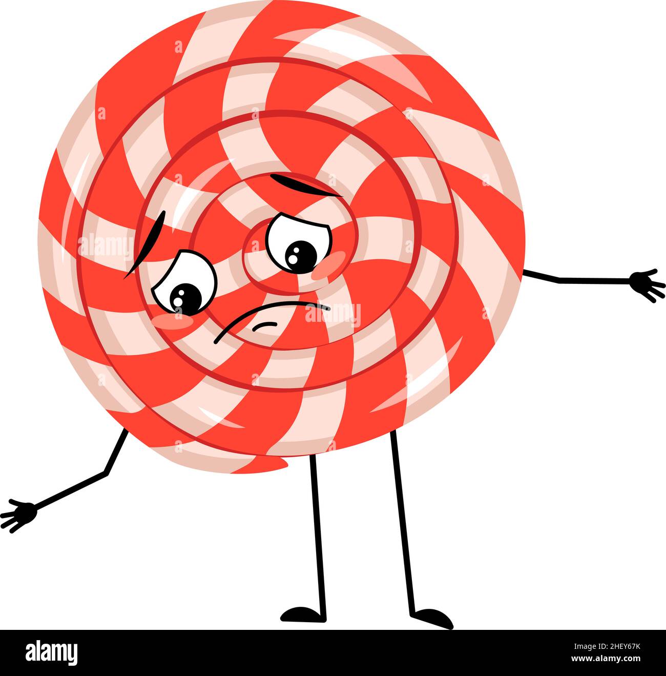 Adorable lollipop de caractère avec une émotion triste, le visage, les yeux dépressifs, les bras et les jambes.Bonbon doux avec expression mélancolique Illustration de Vecteur