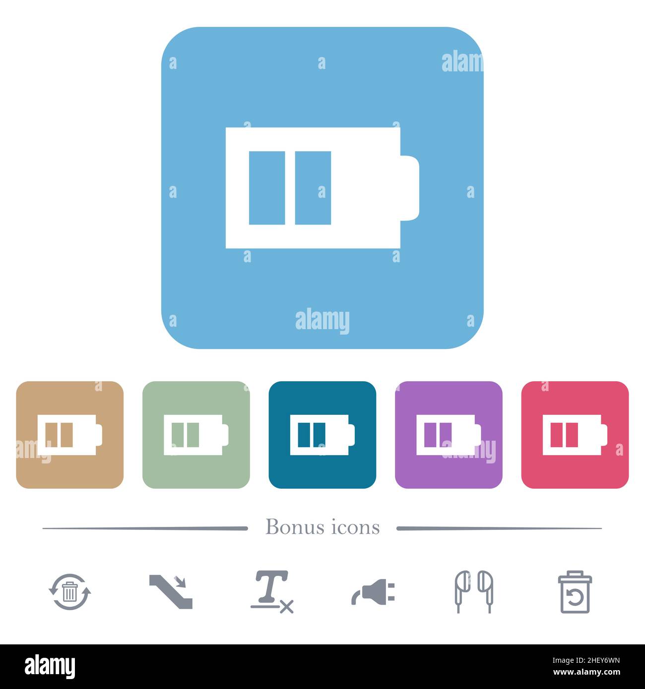 Demi-batterie avec deux unités de charge alternent les icônes plates blanches sur les arrière-plans carrés ronds de couleur.6 icônes bonus incluses Illustration de Vecteur
