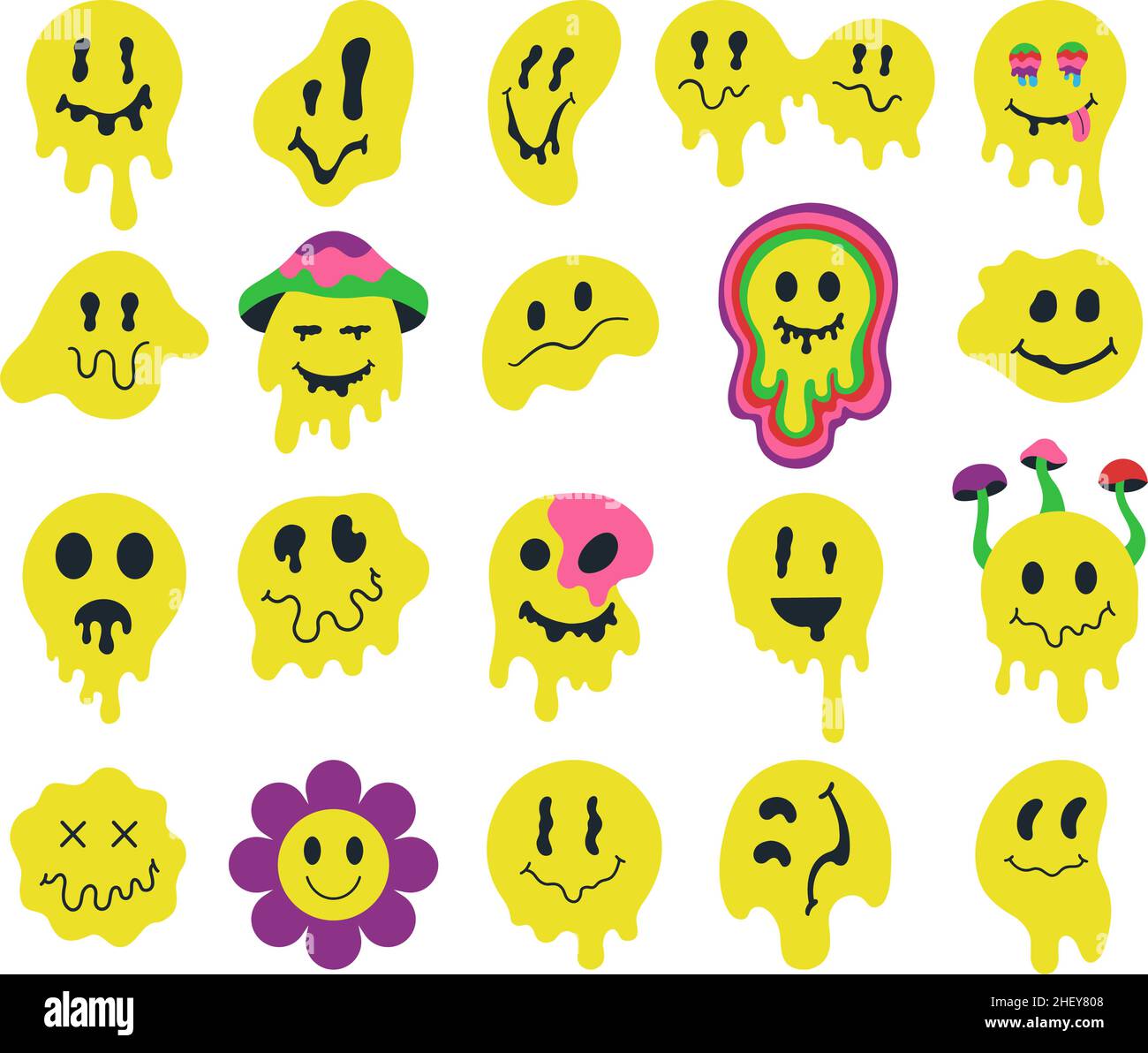 Des visages souriants psychédéliques qui se fondent, des personnages groovy qui s'écoulant.Crazy graffiti sourire emoji, expressions faciales mascats vecteur illustration set Illustration de Vecteur