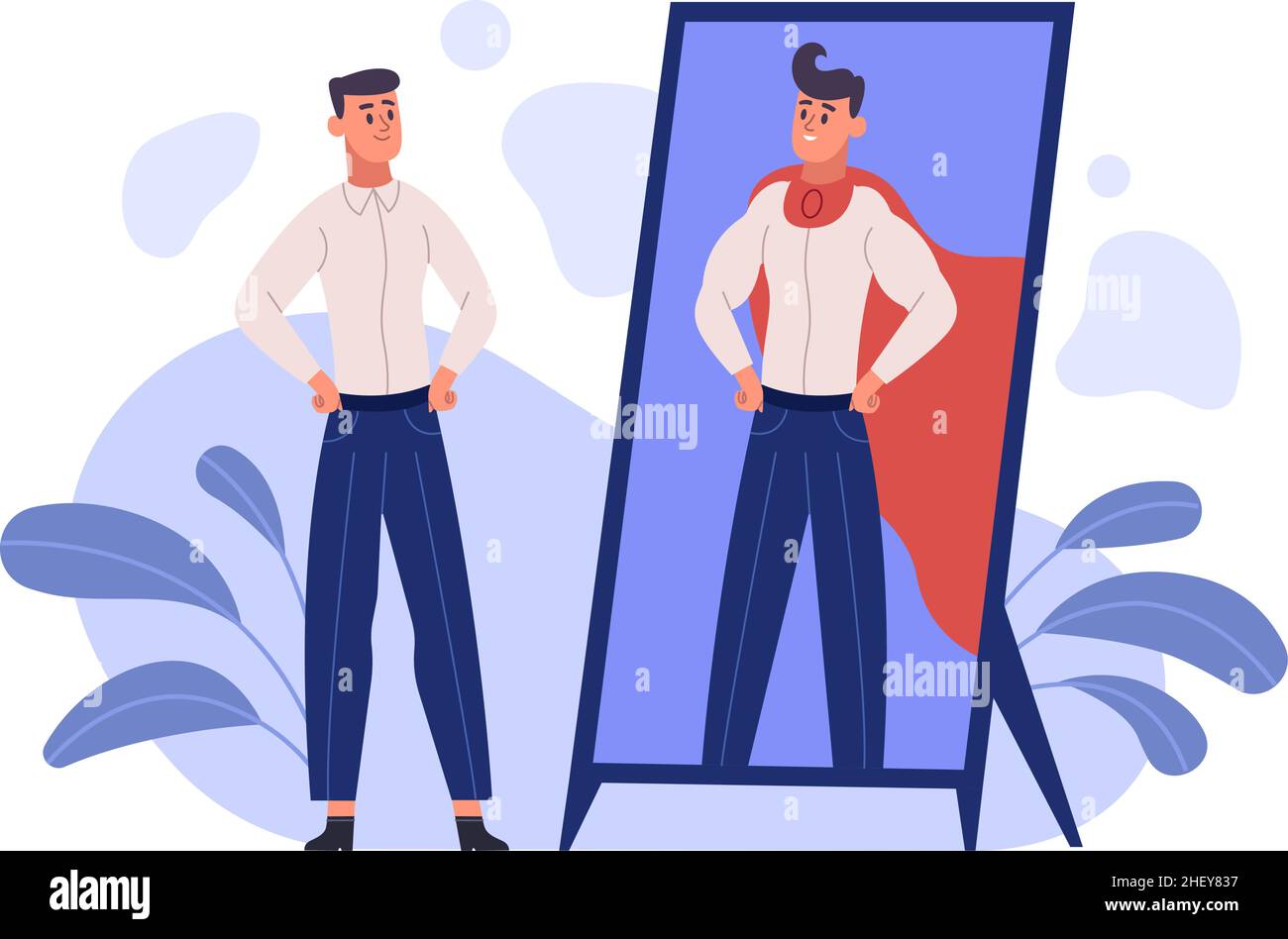 L'homme voit la réflexion de super héros dans le miroir, l'ambition et le concept de confiance en soi.Personne rêveuse, motivation de soi, estime de soi illustration de vecteur humain Illustration de Vecteur