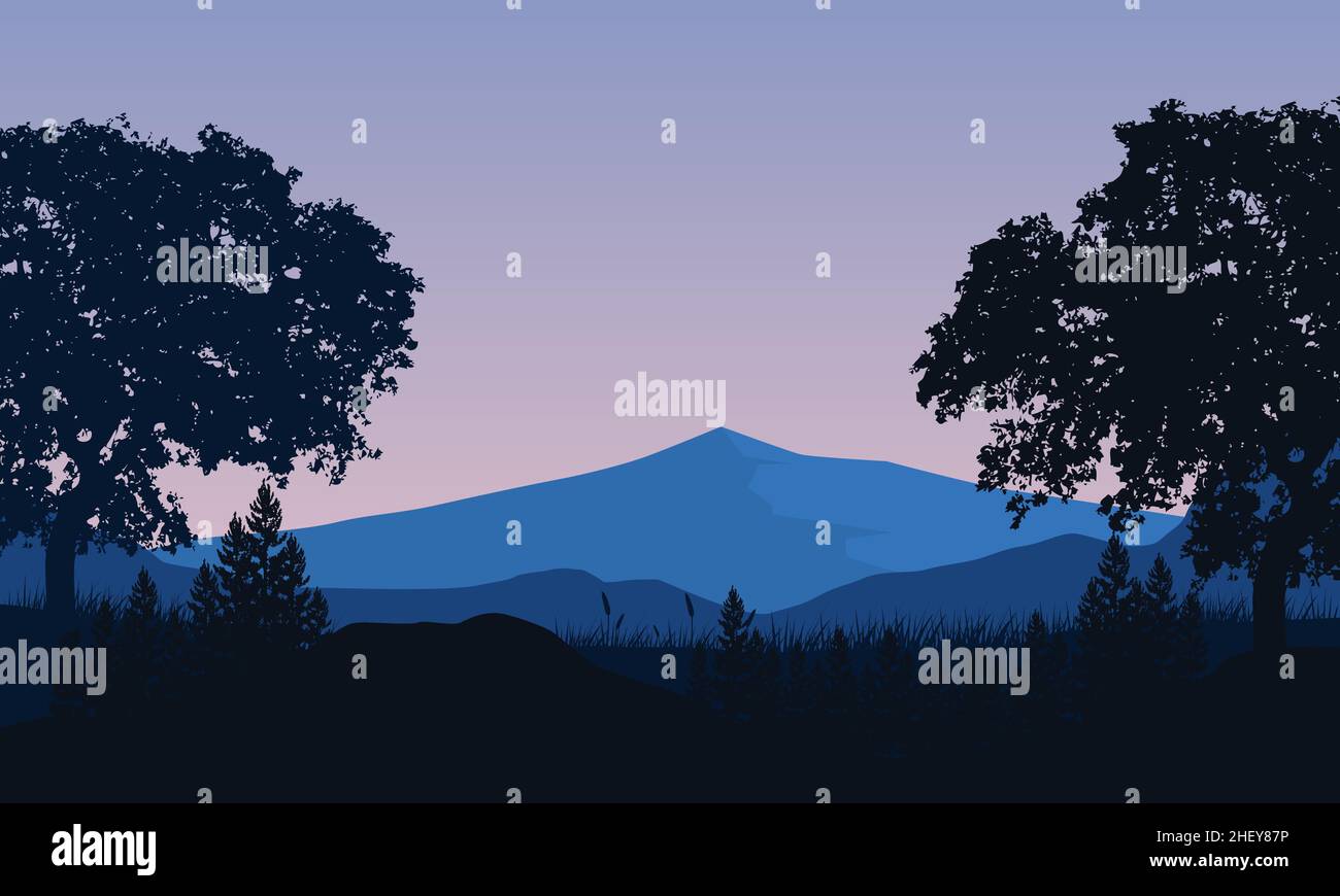 Panorama fantastique sur la montagne avec silhouettes d'arbre de village la nuit.illustration vectorielle d'une ville Illustration de Vecteur
