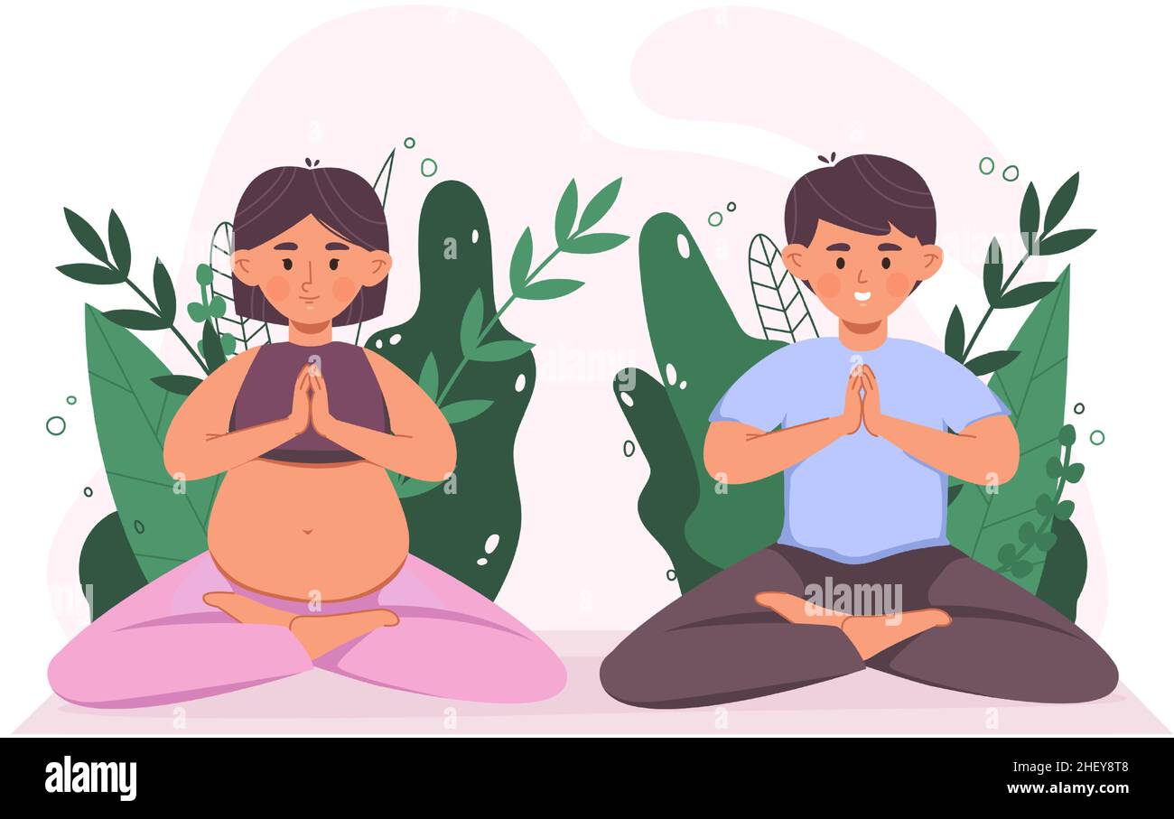 Femme enceinte avec mari pratiquant le yoga, lotus poser la méditation.Couple assis dans la pose de lotus, classe parenting yoga méditer illustration vectorielle Illustration de Vecteur