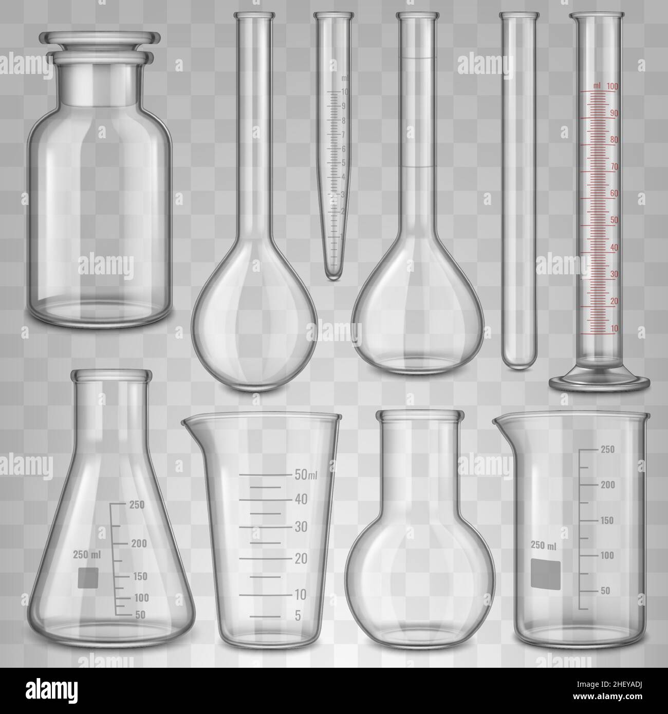 Verrerie de laboratoire réaliste, bécher et flacon de tubes à essai en verre.Jeu d'illustrations vectorielles d'équipement en verre transparent de laboratoire chimique 3D Illustration de Vecteur