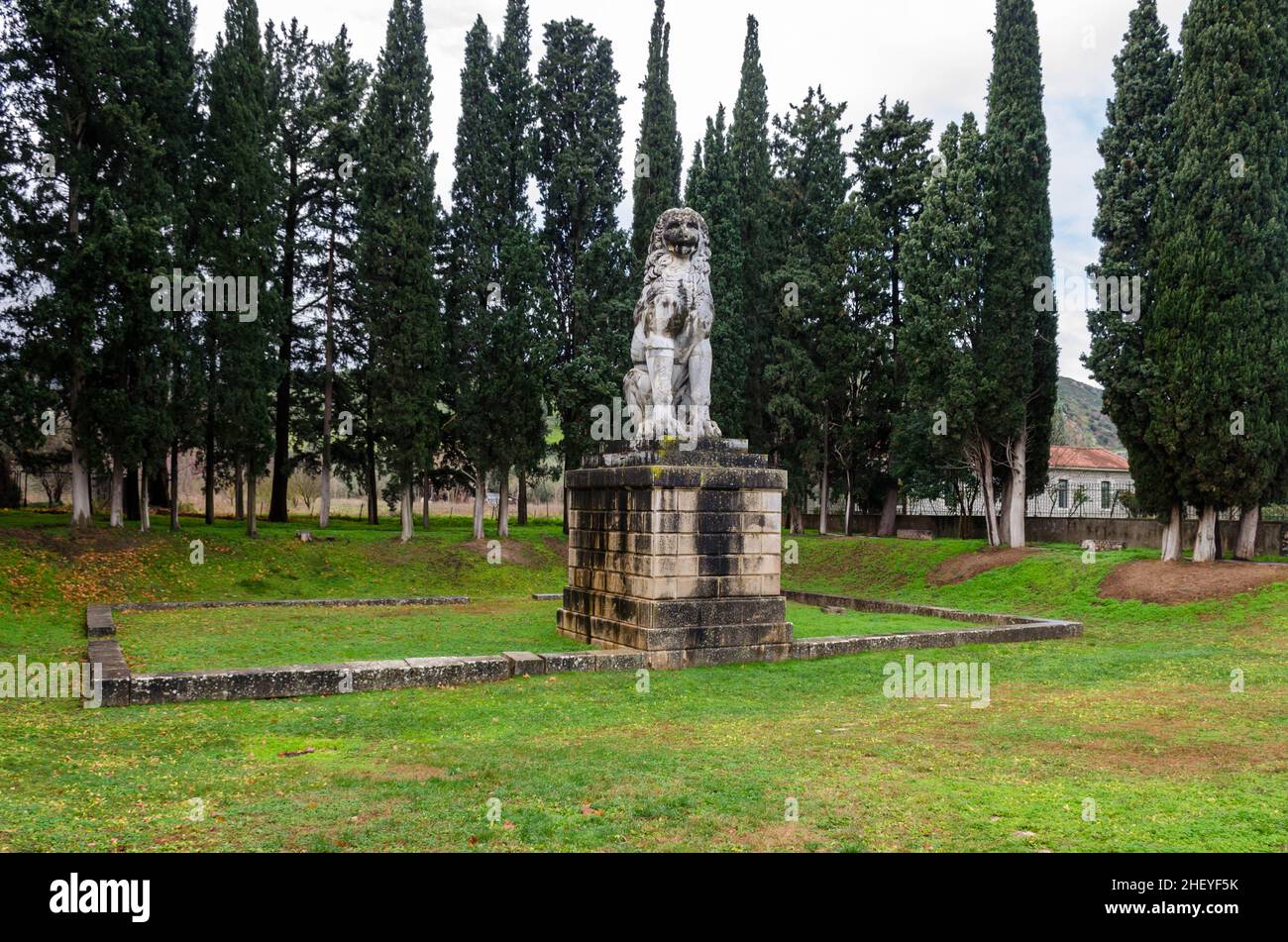 Chaeronea Grèce, le Lion d'Heronie en Grèce érigé en l'honneur de la bande sacrée de Thèbes. Banque D'Images