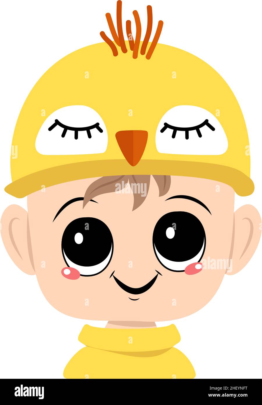 Avatar d'un garçon aux yeux grands et grand sourire heureux dans un joli chapeau de poulet jaune.Chef d'enfant avec un visage joyeux pour les vacances de Pâques, le nouvel an ou costume pour la fête.Illustration vectorielle plate Illustration de Vecteur