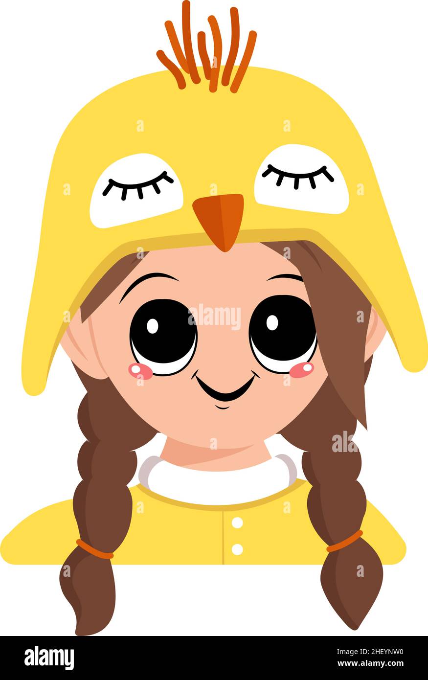 Avatar d'une fille avec de grands yeux et grand sourire heureux dans un joli chapeau de poulet jaune.Chef d'enfant avec un visage joyeux pour les vacances de Pâques, le nouvel an ou costume pour la fête.Illustration vectorielle plate Illustration de Vecteur