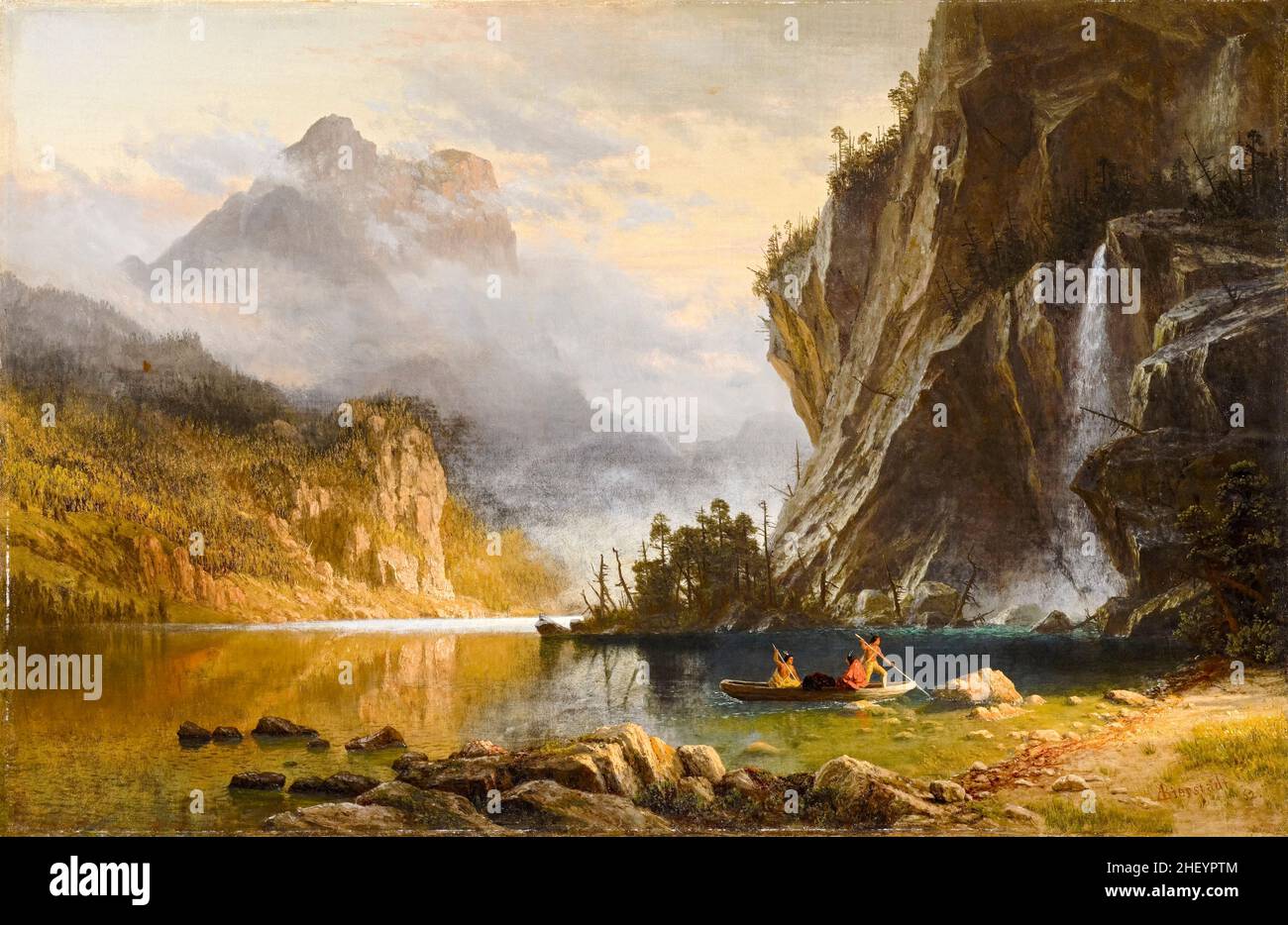 Indiens pêche à la lance, peinture de paysage par Albert Bierstadt, 1862 Banque D'Images