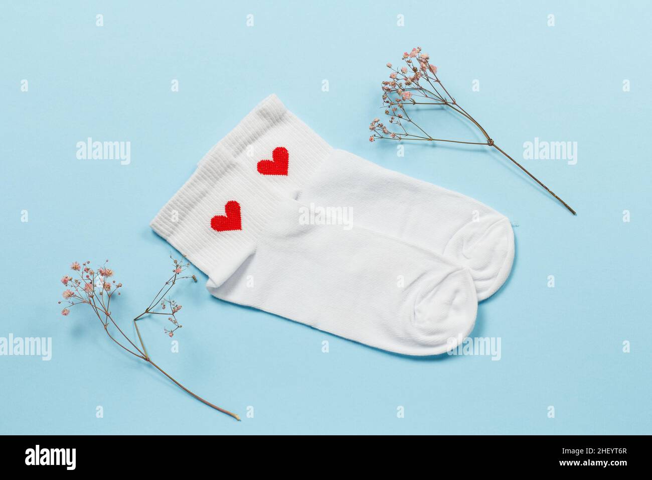 Paire de chaussettes blanches pour femmes et branches décoratives sur fond bleu, vue du dessus. Banque D'Images
