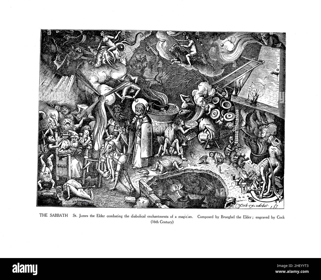 Le Sabbat.Saint-Jacques l'aîné combattre les enchantements diaboliques des magiciens composé par Brueghel l'aîné gravé par Cook (16th siècle) d'une encyclopédie de l'occultisme : un recueil d'informations sur les sciences occultes, les personnalités occultes, la science psychique, la magie, la diabologuey,Spiritisme et mysticisme de Lewis Spence, publié à Londres par George Routledge & Sons, ltd. En 1920 Banque D'Images
