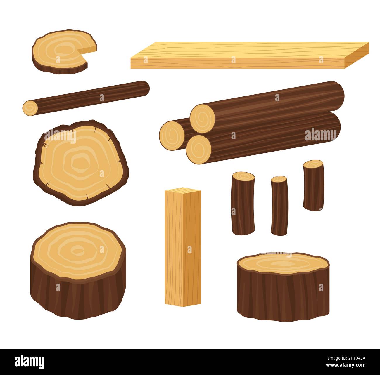 Planches d'arbres et différents éléments de bois pour l'industrie de production.Matériau de la planche en bois, illustration de la bûche et du tronc. eps Illustration de Vecteur