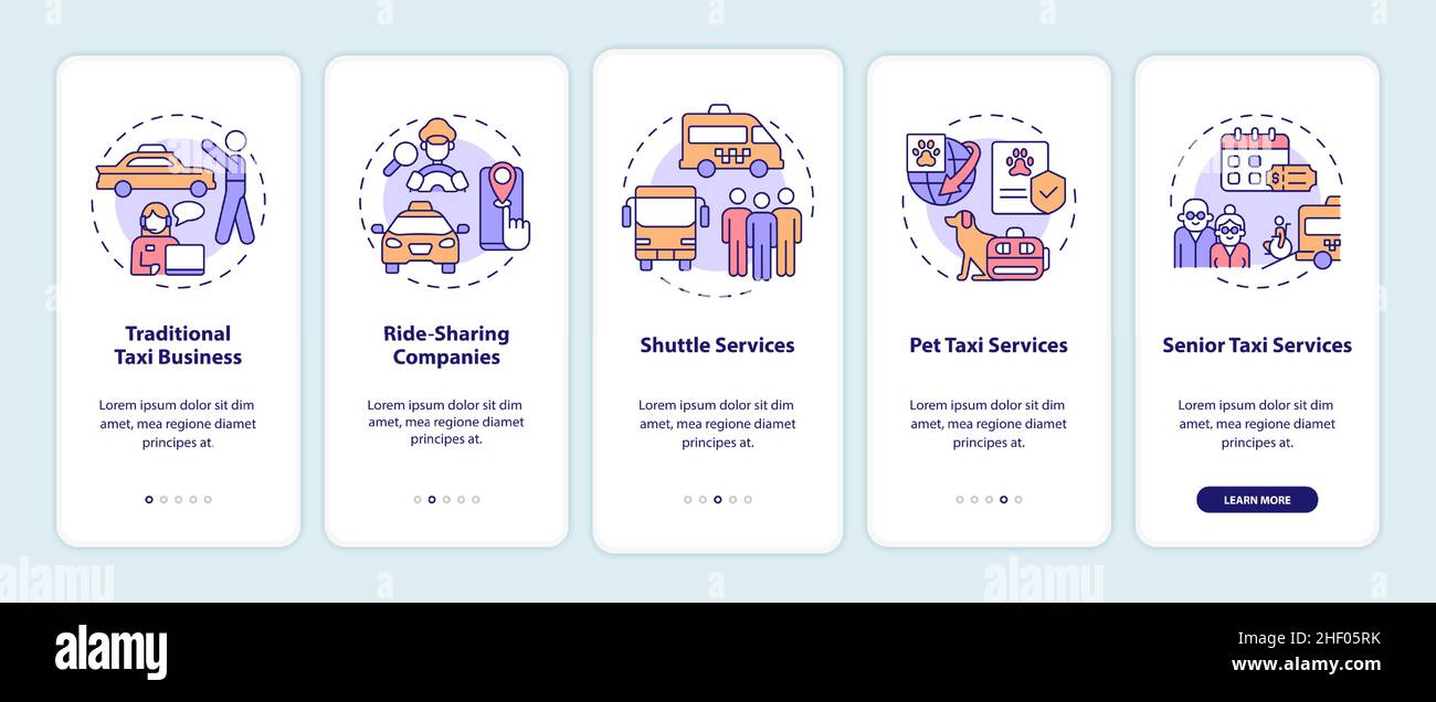 Écran de l'application mobile d'intégration des types d'entreprise de taxi Illustration de Vecteur