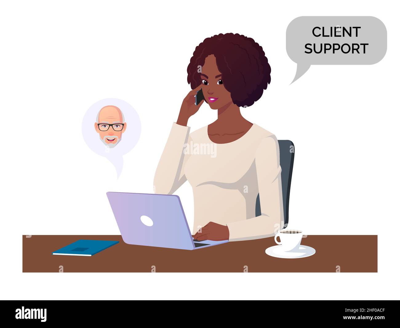 Femme répondant à un appel et travaillant sur ordinateur, Illustration concept pour le support, les affaires et le centre d'appels Illustration de Vecteur