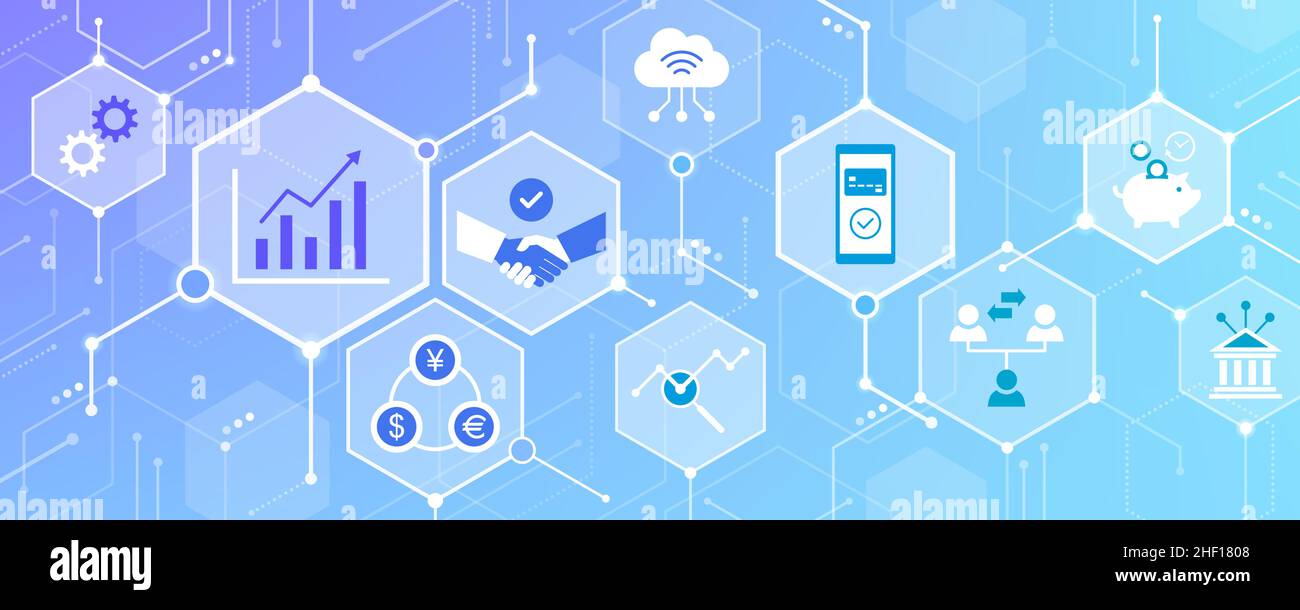 Les icônes de la finance et de la technologie se connectent : la transformation numérique et l'innovation Illustration de Vecteur