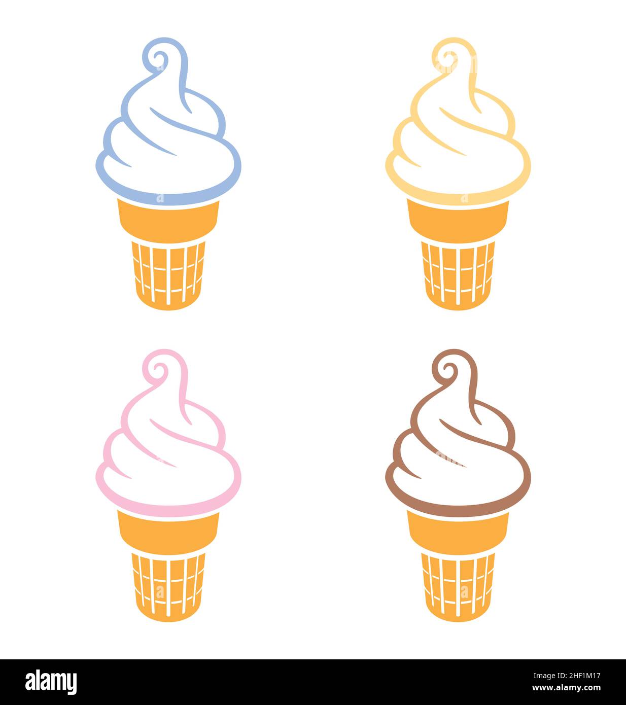 simple amusant dessin animé doux servir vanille chocolat caramel fraise rose blanc glace en gaufre cône icône logo ensemble de 4 vecteur isoalté sur whi Illustration de Vecteur