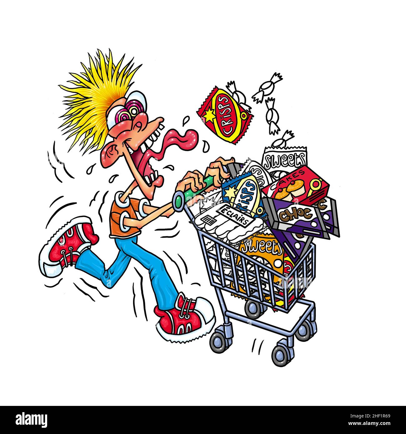 Dessin animé amusant montrant des achats excités avec un chariot de shopping / panier de nourriture de récompense: Chips, gâteaux, sucreries, casse-croûte de supermarché tiret, bonnes affaires,gâteries Banque D'Images
