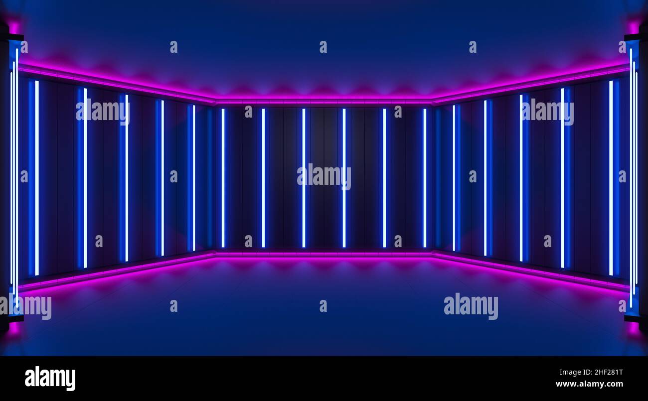 Arrière-plan abstrait minimaliste lumineux bleu.Lampes à LED ultraviolettes sur les murs de la salle de scène.3d rendu Banque D'Images