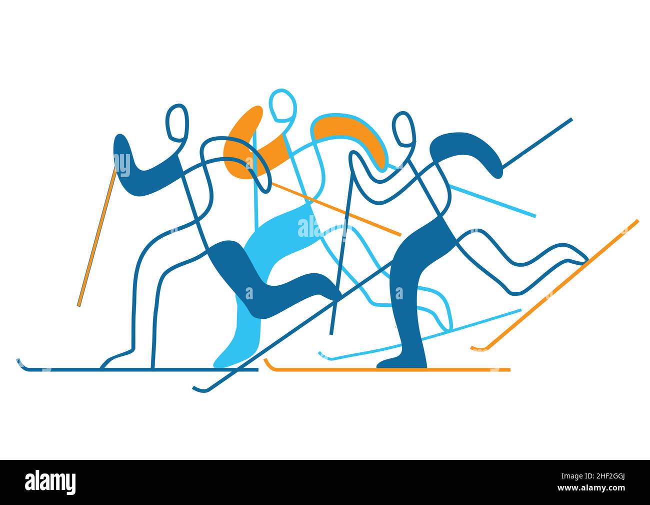 Ski de fond, compétition. Lustration des concurrents de ski nordique sur fond blanc.Conception de dessin en ligne continue.Vecteur disponible. Illustration de Vecteur
