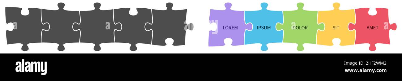 Illustration simple de cinq pièces de puzzle connectées, version grise et couleur Illustration de Vecteur