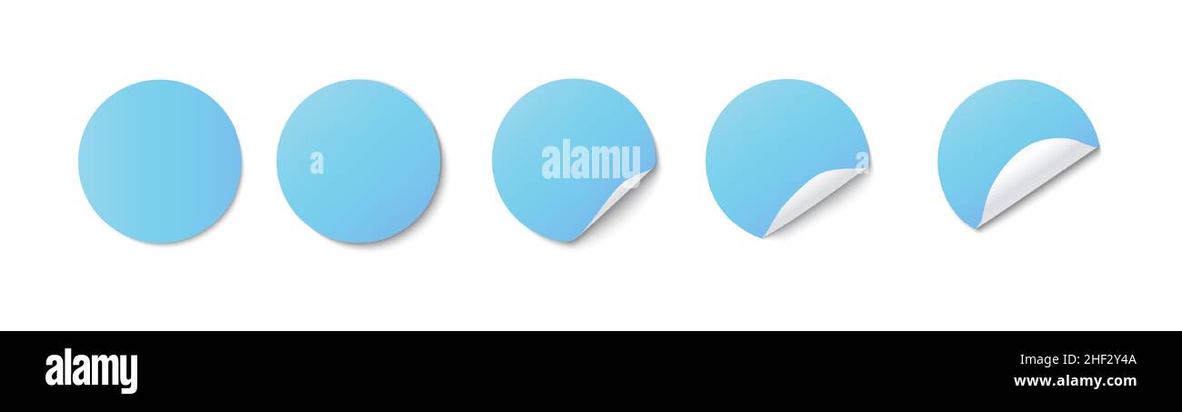 Autocollants adhésifs en papier ronds bleus réalistes avec coin incurvé sur fond blanc vectoriel Illustration de Vecteur