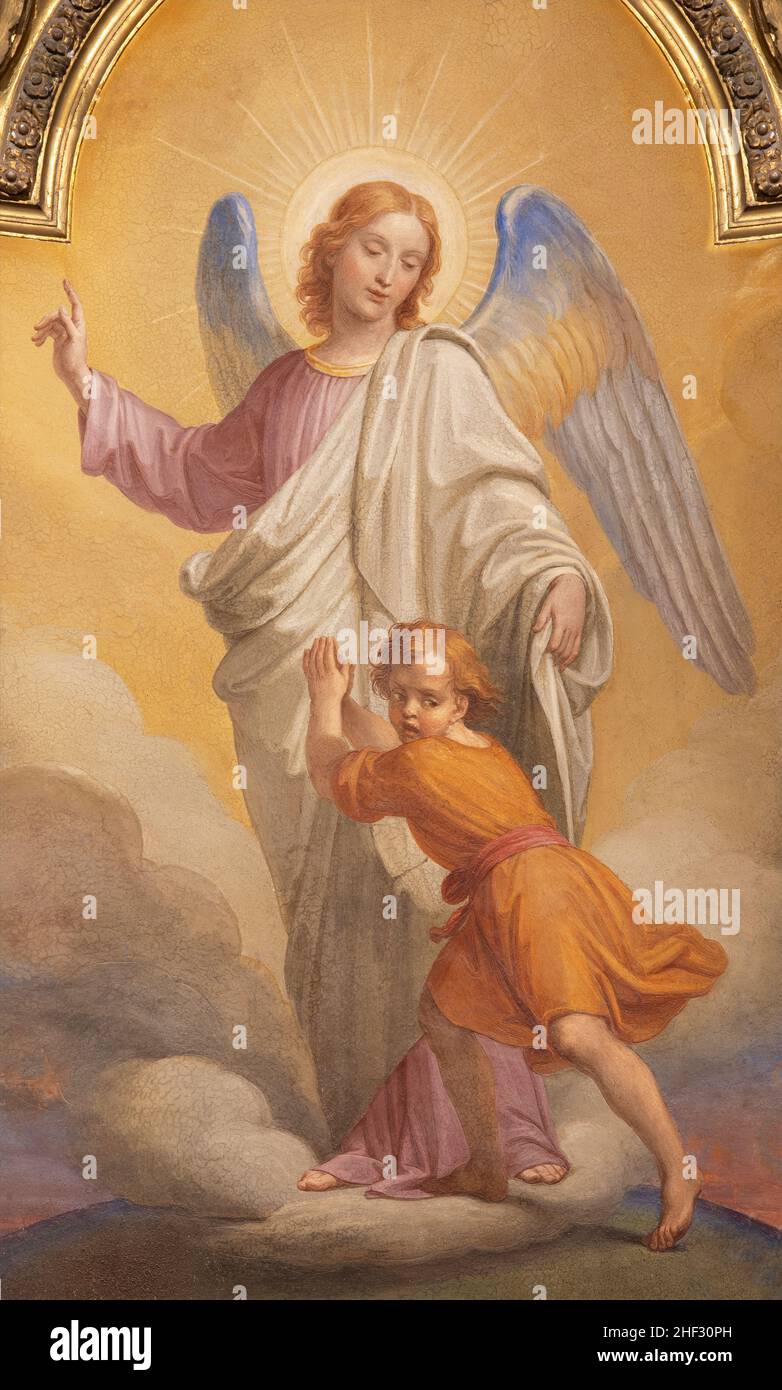 ROME, ITALIE - 28 AOÛT 2021: La fresque de l'ange gardien dans l'église Chiesa di San Francesco Saverio par artiste inconnu. De 19. Cent. Banque D'Images