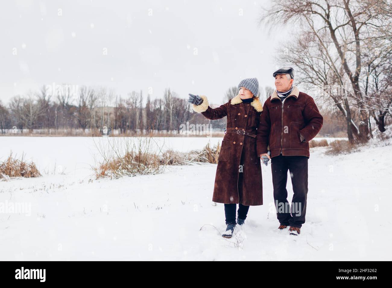 Couple familial senior marchant à l'extérieur pendant la neige hivernale.Les personnes âgées se tiennent les mains pour profiter du paysage.Saint Valentin Banque D'Images