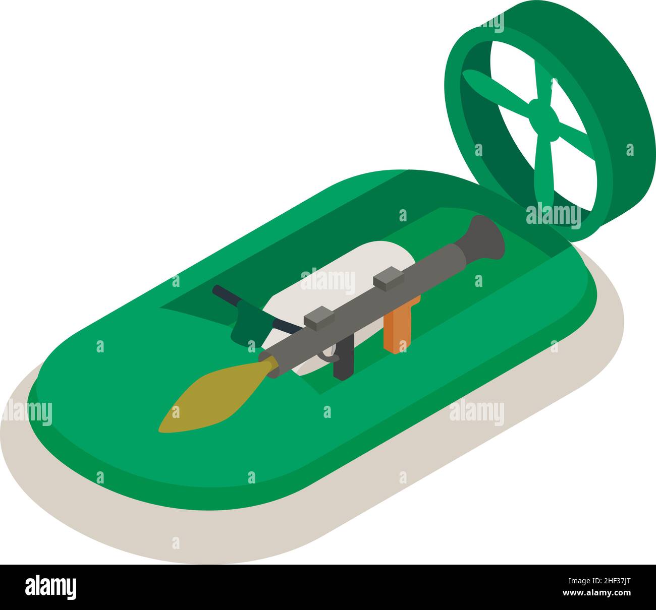Icône d'aéroglisseur vecteur isométrique.Aéroglisseur militaire avec icône de lanceur de grenade.Bateau de sauvetage militaire vert moderne, transport d'eau, lance-roquettes portable, pistolet anti-char à grenade Illustration de Vecteur