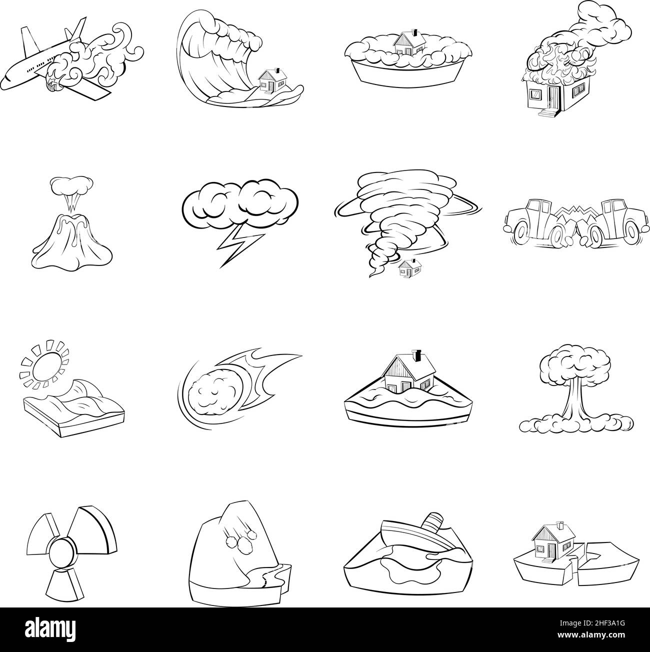 Icônes de catastrophes naturelles de style contour isolé sur fond blanc Illustration de Vecteur