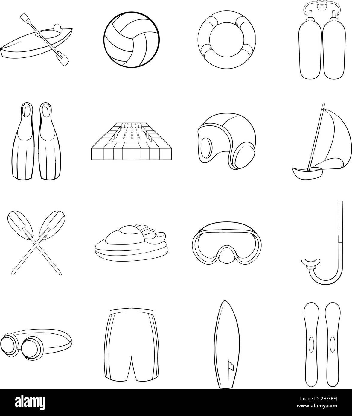 Icônes de sports nautiques définies dans un style de contour isolé sur fond blanc Illustration de Vecteur