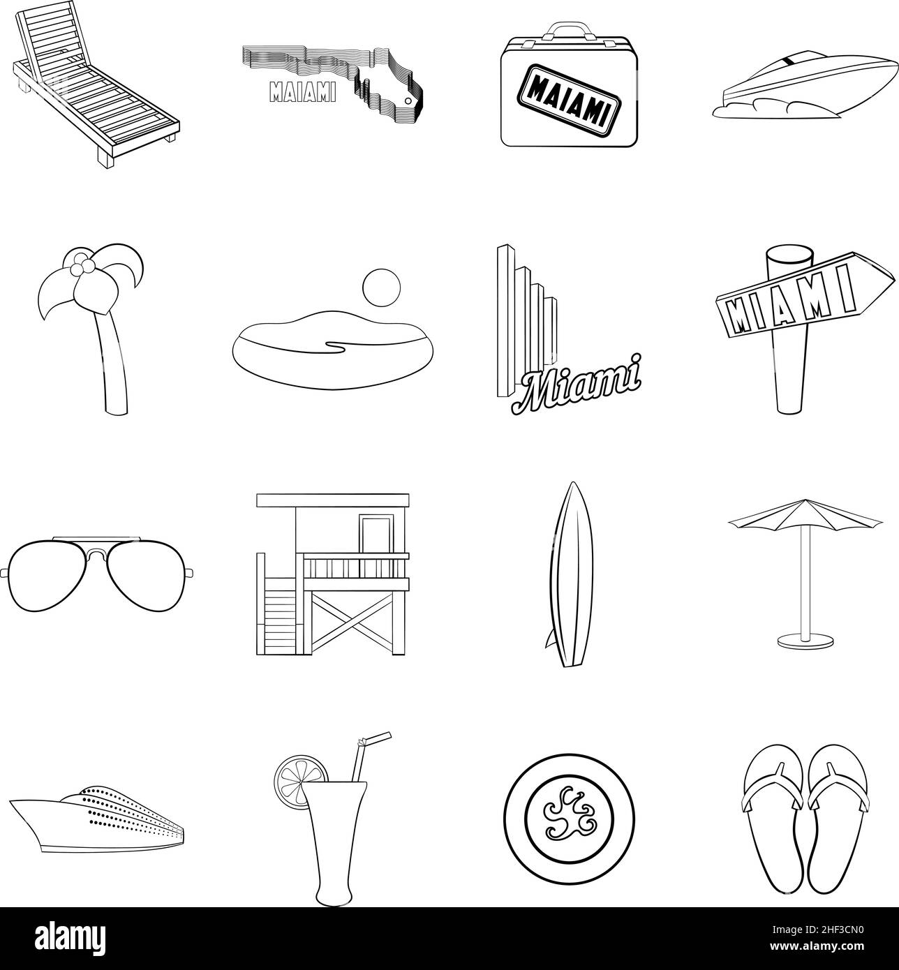 Miami affiche des icônes de style contour isolées sur fond blanc Illustration de Vecteur Miami affiche des icônes de style contour isolées sur fond blanc Illustration de Vecteur