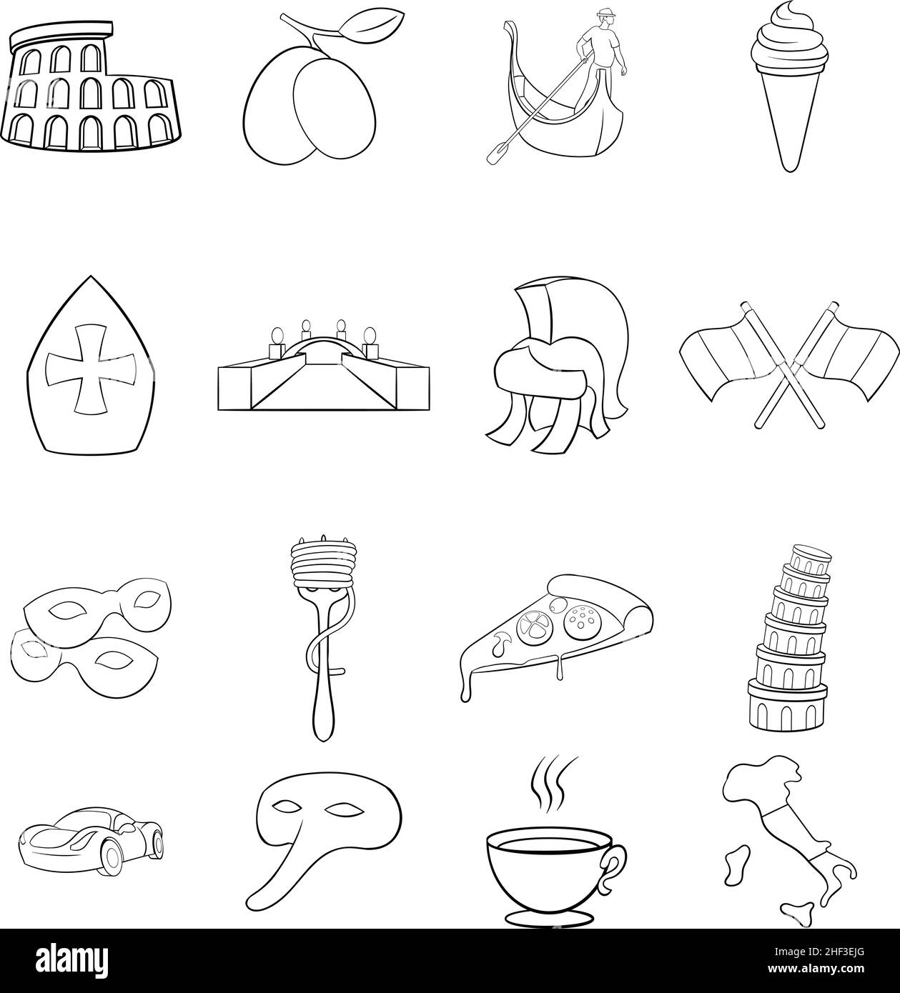 L'Italie définit des icônes de style contour isolé sur fond blanc Illustration de Vecteur